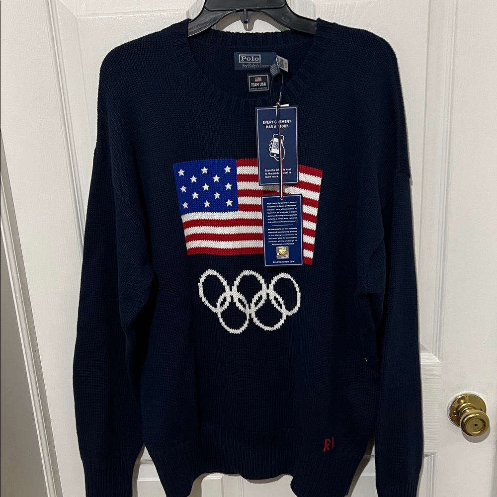 NWT Large Ralph Lauren Dark Blue Sweater with Flag and Olympic Design